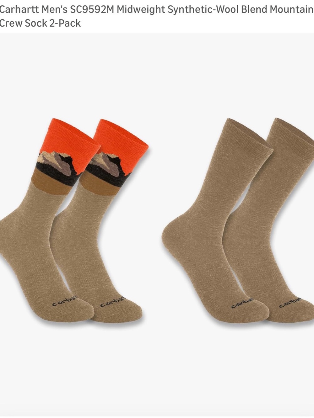 Carhartt Men's Tan Crew Socks 2-Pack with Orange Cuff Mountain Accent